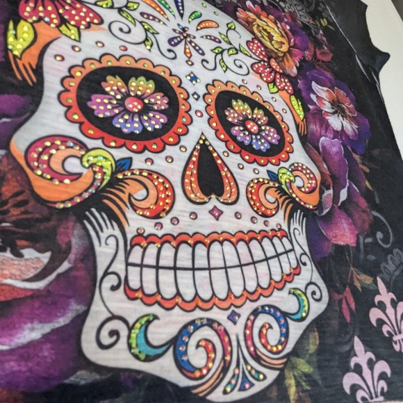 Texas Candy Skull Bling Sweet Gisele Day Of The Dead Sparkle Black Blouse XXL - Picture 2 of 8